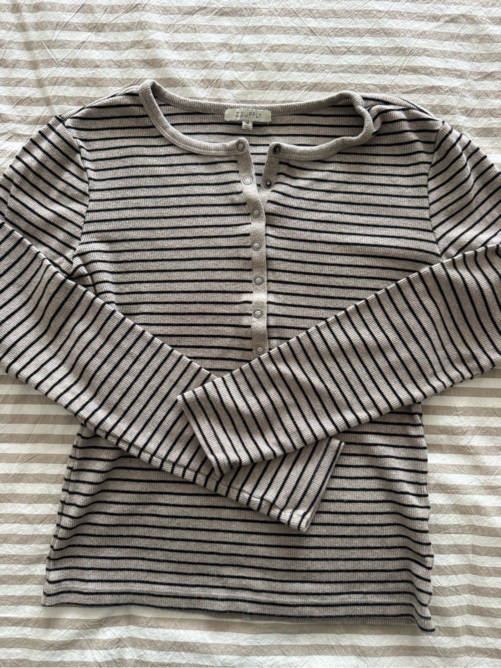 Z Supply Taupe and Black Striped Henley Long Sleeve Top